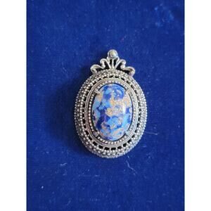 Vintage silver toned blue marbled signed Florenza brooch with Magnetic pin back